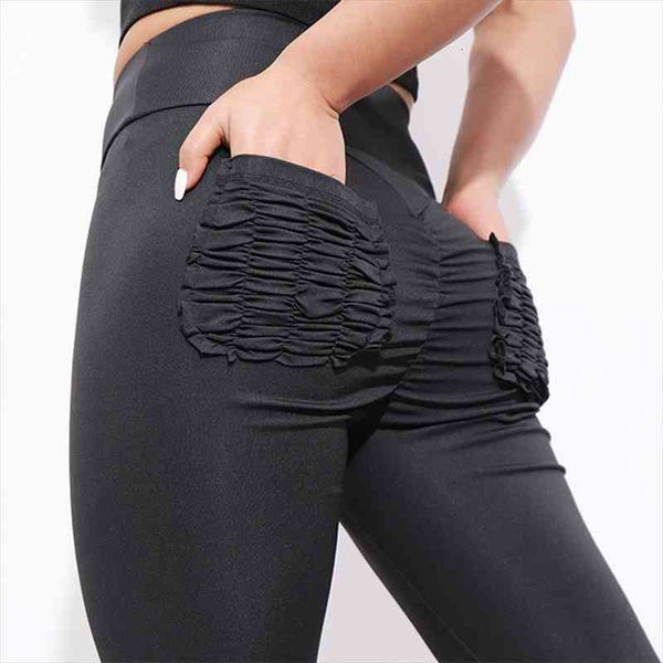 

push up fitness women leggings pants high waist sporting leggins workout candy color pockets s, Black