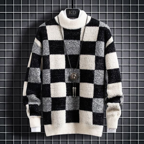 

thick cashmere men's high neck plaid sweater, comfortable christmas sweater, warm in winter, White;black