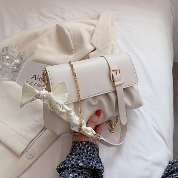 

shoulder bags pu leather handbags for women 2021 luxury designer shoppers wallets fashion silk scarf bow chain pleated underarm crossbody