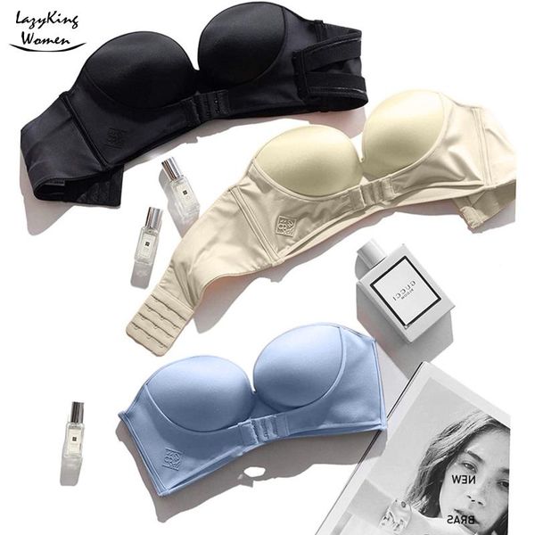 

bras cooeverly front closure push up bra women invisible underwear lingerie female brassiere strapless seamless bralette, Red;black