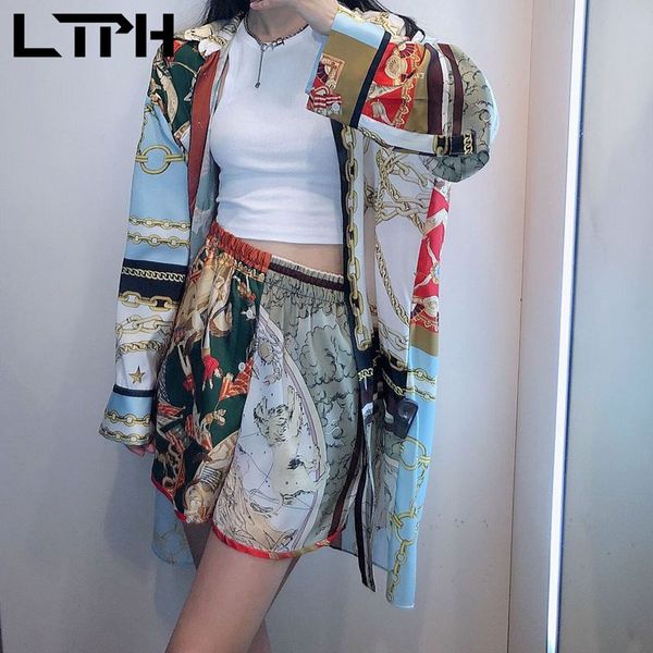 

loose comfortable thin print shirt women outfits casual set vintage splicing high waist short sets spring summer 210427, White