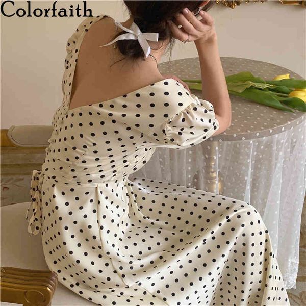 

colorfaith women summer dresses v-neck lace up backless high waist polka dot vintage korean lady long dr9237 210427, Black;gray