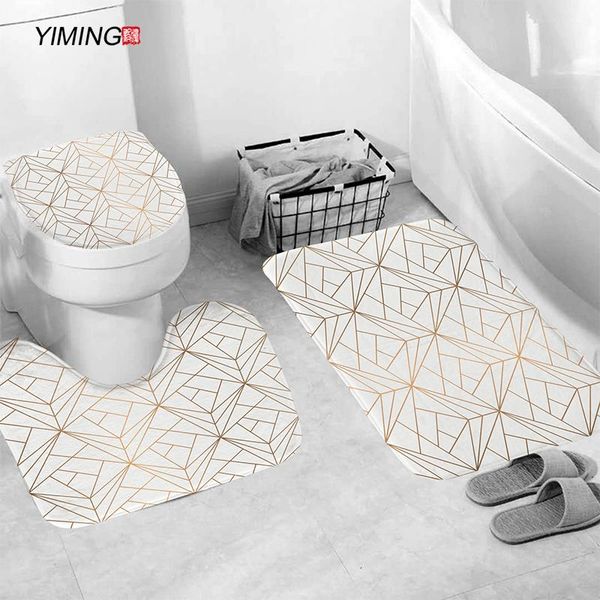 

bathroom toilet non-slip carpet simple geometric line printing decorative floor mat set 3pcs bath mats