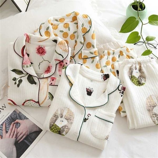 

thicken quilted 100% cotton scuba sleepwear women pajamas sets winter keep warm long-sleeved japanese sweet pyjamas 211116, Black;red