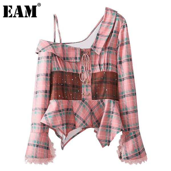 

[eam] women red plaid ruffles off shoulder blouse skew collar long sleeve loose fit shirt fashion spring autumn 1dd7461 210512, White