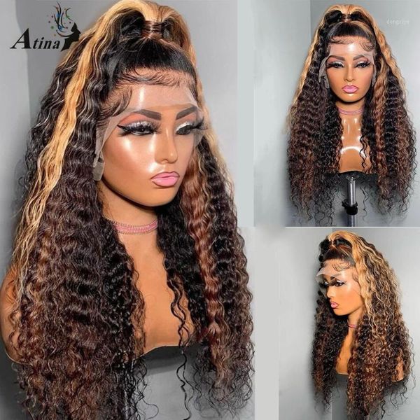 

curly human hair wig preplucked brazilian bleach knots remy ombre colored hd transparent lace front wigs for black women closure1, Black;brown