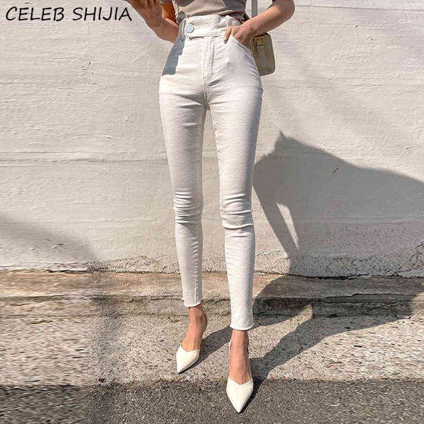 Beyaz Skinny Kot Kadınlar Için Yüksek Bel Vintage Streetwear Denim Kalem Pantolon Kadın Anne Kore Chic Y2K Kadın Seksi 211129