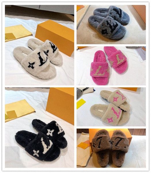 

luxury slide designer fashion women wool sandals warm comfort slippers woman fluffy furry slipper shoes autumn winter slides scuffs sandal, Black