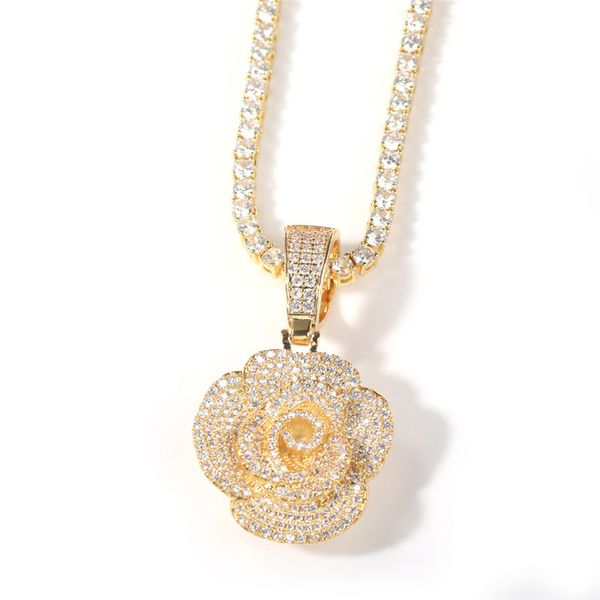 

iced out full zircon 3d rose pendant necklace gold silver plated mens hip hop jewelry gift