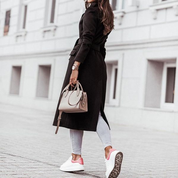 

women's wool & blends casual loose blend long overcoat women 2021 winter fashion bandage belted outwear elegant sleeve cardigan jacket, Black