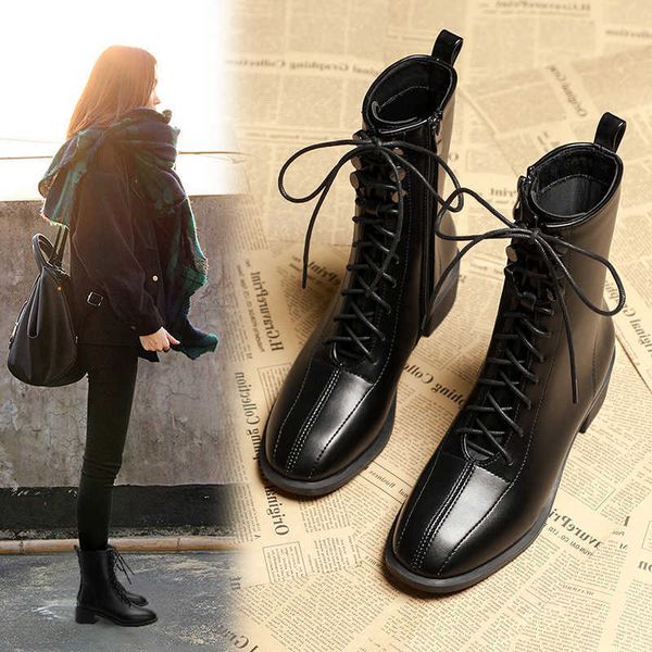 

autumn and winter 2020 new legged women's short middle tube lace up martin versatile british thin boots thick heels, Black