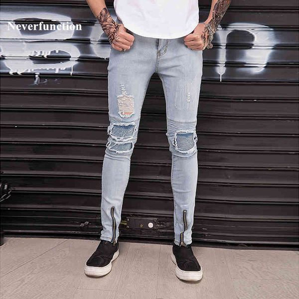 

jeans famous brand men slim knee pleated streetwear male ankle elastic casual destoryed skinny moto biker, Blue