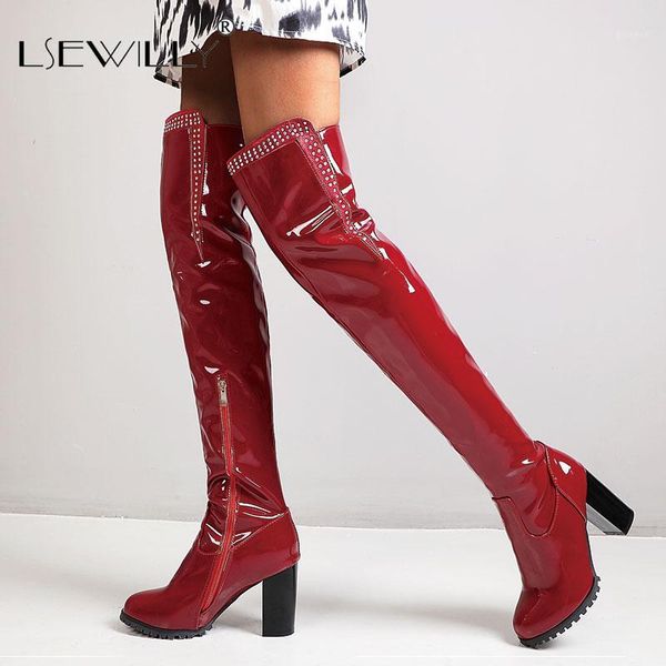 

lsewilly patent pu leather over-the-knee boots woman shoes block high heels thigh long booties women size 34-501, Black