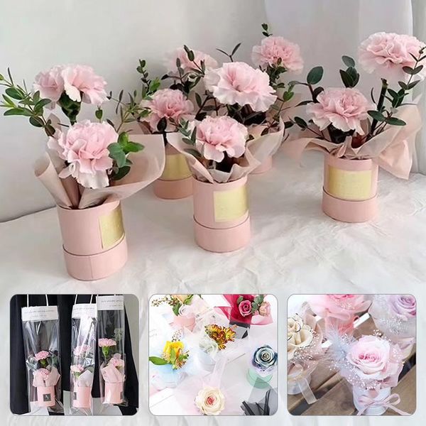 

gift wrap 1pc round mini flower box paper lid hug bucket handheld packaging wedding party decor candy bag florist supplies