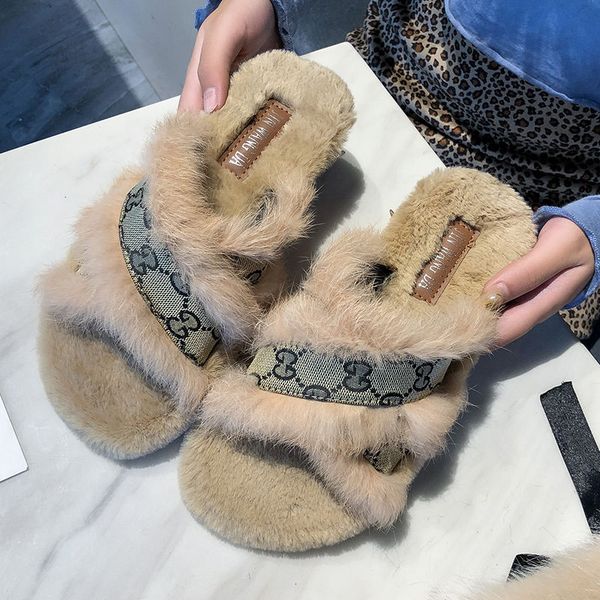 

real new fluffy fur slippers sandals luxury designer shoes ladies women fashion cross platform home house female slippers, Black