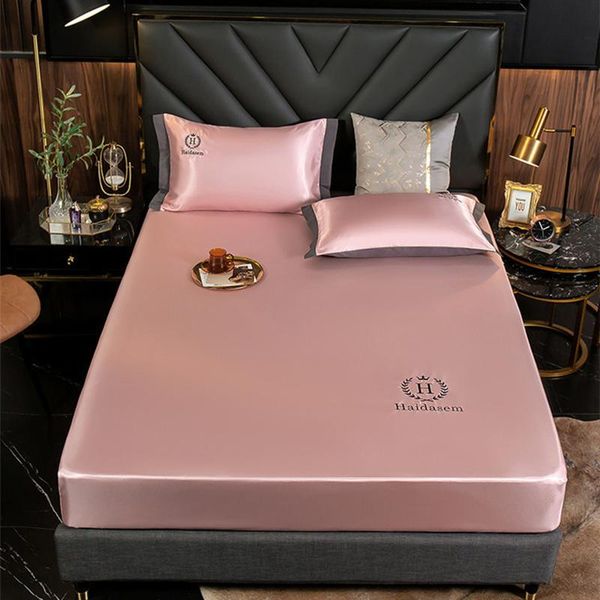 

sheets & sets luxury ice silk fabrics elastic band fitted sheet summer solid bedding home textiles queen king size bed set