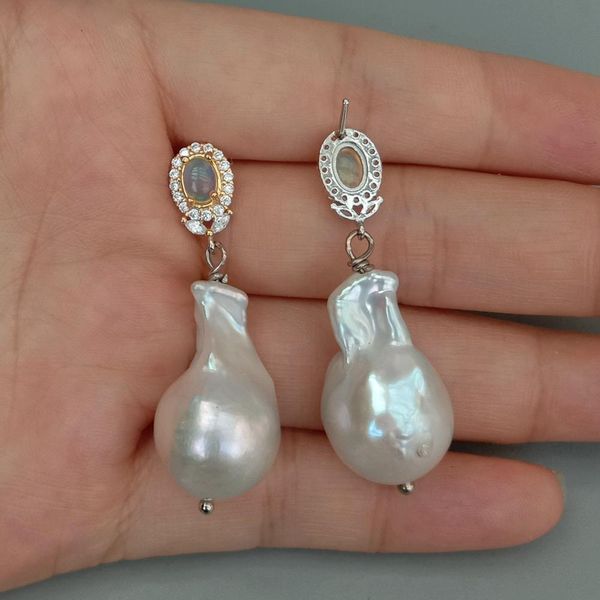 

natural freshwater cultured nucleated flameball baroque pearl natural opal stud dangle earrings, Golden;silver