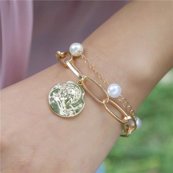 

double layers charm imitation pearl bracelet bangle for women armband steampunk chunky chain bracelets friendly jewelry chokers, Golden;silver