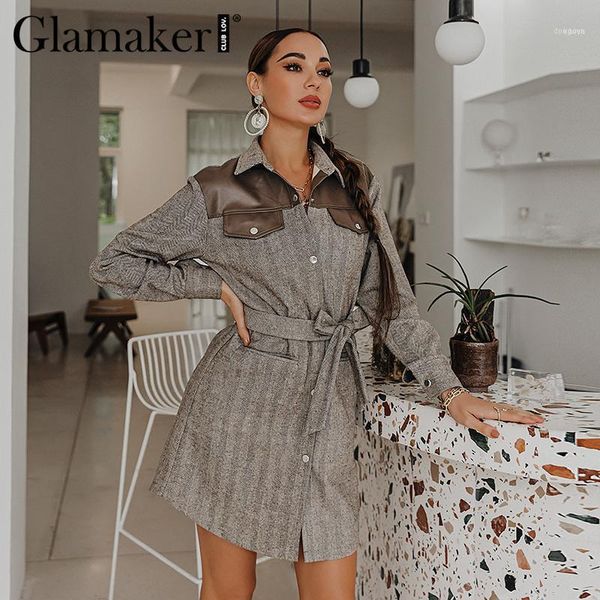 

glamaker pu leather patchwork long sleeve office ladies winter dress with belt autumn pocket elegant party chic 2021 1, Black;gray