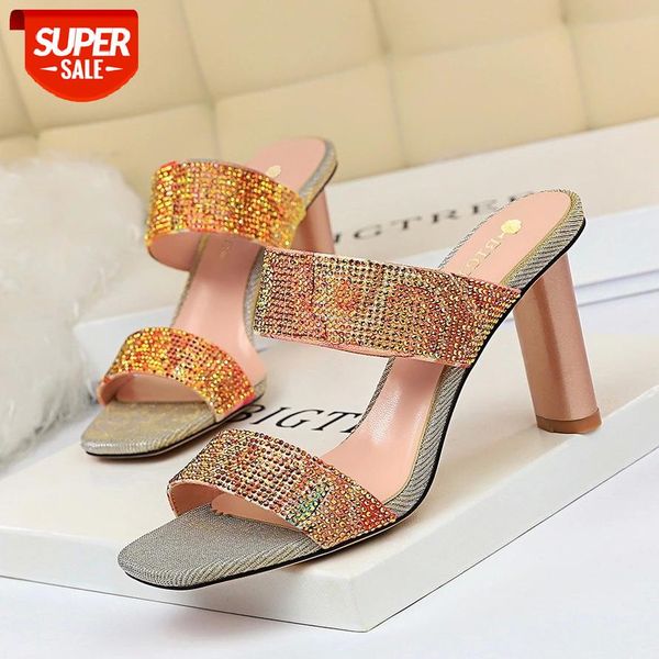 

2020 women 7.5cm high heels crystal sandals mules fetish summer sandals slippers wedding bridal gold pumps shoes sandalias mujer #ql39, Black