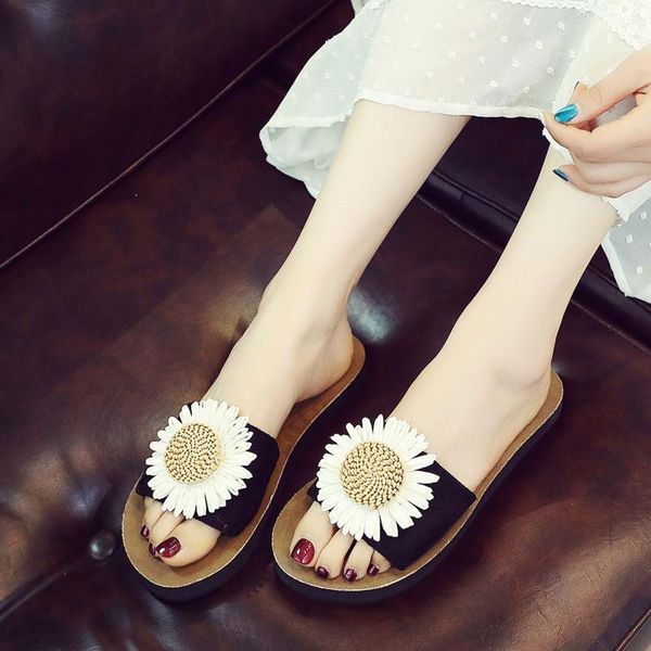 

slippers summer simple women flock beach temperament breathable flowers sandals home slipper flip-flops flat shoes zapatilla mujer, Black