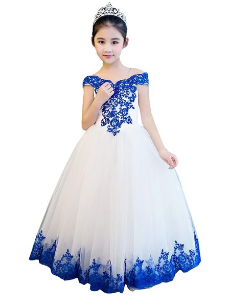 2022 Royal Blue White Mini Pageant Quinceanera Abiti Bambini Off spalla Applique in rilievo Tulle Flower Girl Dress Matrimonio Comunione Abiti da festa di compleanno