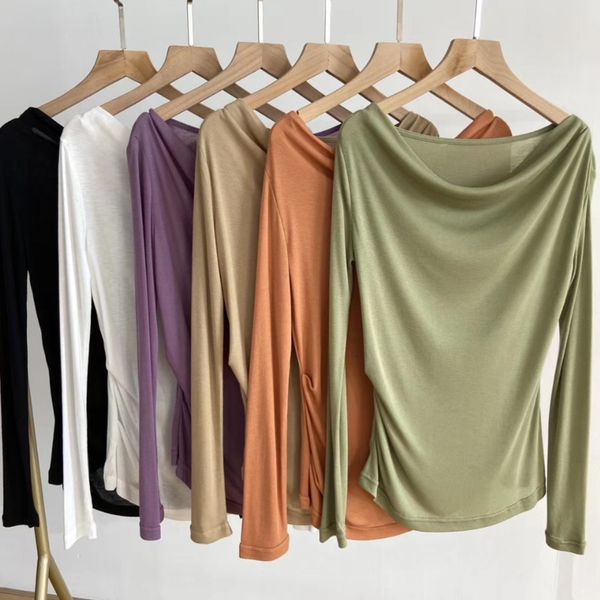 

women's t-shirt elegant slash neck soft knitted long sleeve woman t-shirts microfiber chic solid color t-shirt autumn winter ladie, White