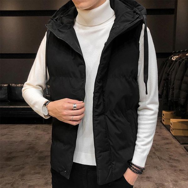 

men's vests mens work waistcoat winter sleeveless jacket men casual down vest warm thick hooded coats male cotton pad, Black;white