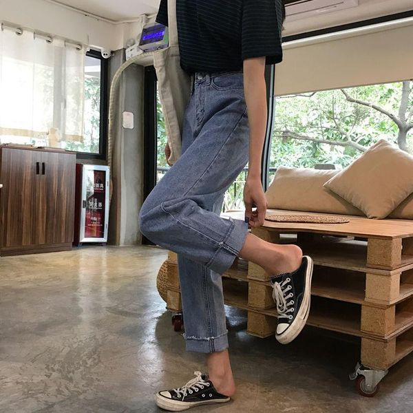 

spring and autumn straight jeans women nine high waist loose 100 lap thin retro hair wide leg pants women's, Blue