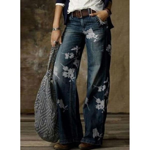 

women's jeans casual straight pockets low waist polyester pants, Blue