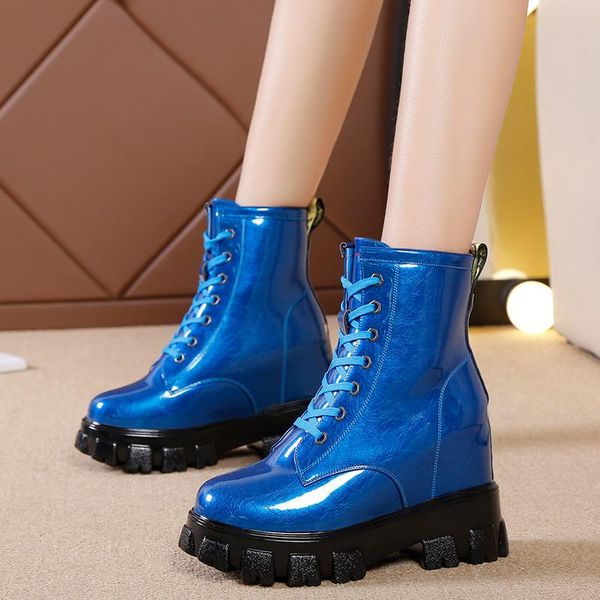 

boots 2021 shoes women height increasing ankle winter keep warm patent leather platform wedges short 3 colors, Black