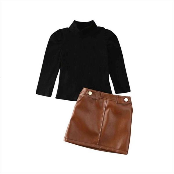 

1 5years toddler baby girl autumn fashion clothing set long sleeve knitting black leather skirt 2pcs outftfit, White