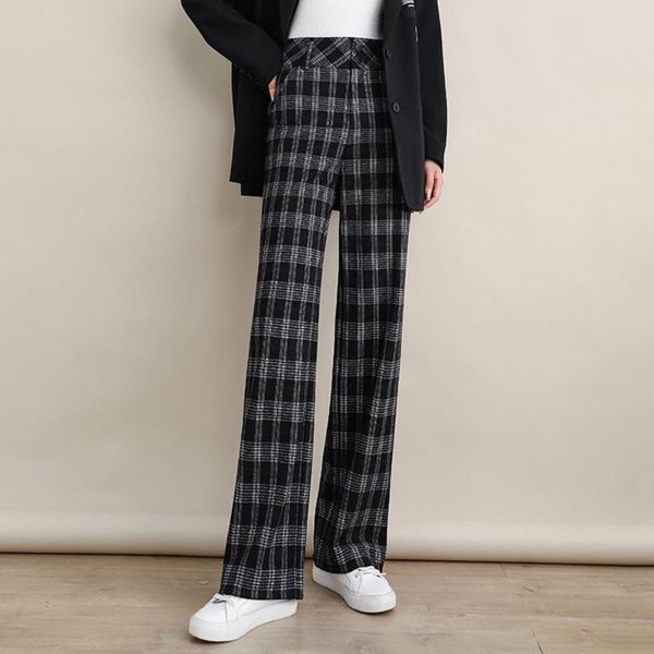

women's pants & capris 2021 autumn winter style black white plaid high waist wide leg women loose straight plus size thicken warm trous