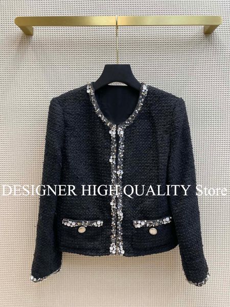 

women's wool & blends 2021 pre-fall high-end vintage black tweed jacket women woven o-neck beading sequins pockets button short design
