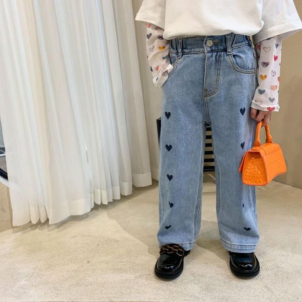 

spring arrival korean style girl's jeans long pants fashion casual heart printed loose trousers for cute baby girls, Blue