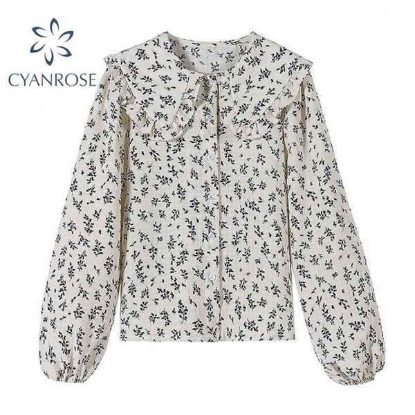 

button up shirt women floral mori girl korean long sleeve peter pan collar blouse female elegant chic boho fashion blusas 210515, White
