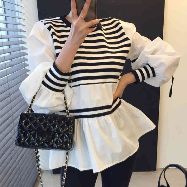 

women's blouses & shirts [ewq] o neck striped color loose puff sleeve shirt korean knitting stitching ladies patchwork blouse blusas su, White