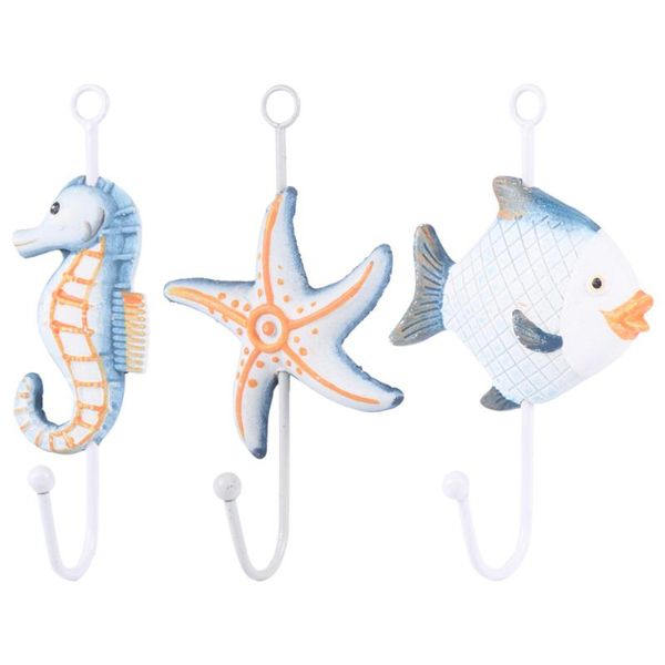 

hooks & rails 3 pcs mediterranean style wooden board decor hook wall hanger iron decorative (sea star, fish and hippocampus style)