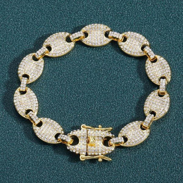 

link, chain 12mm coffee bean full diamond pig nose bracelet fashionable men's trendy jewelry, Black