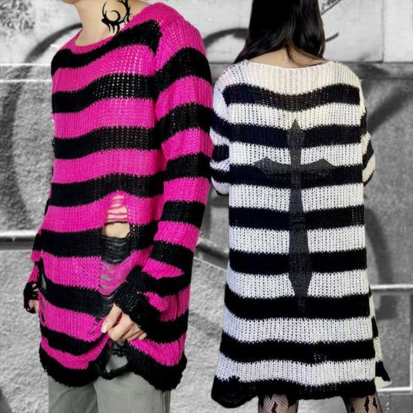 

women man loose stretch punk sweater hollow jumper cool thin long streetwear plus size gothic spider cross print stripe, White;black