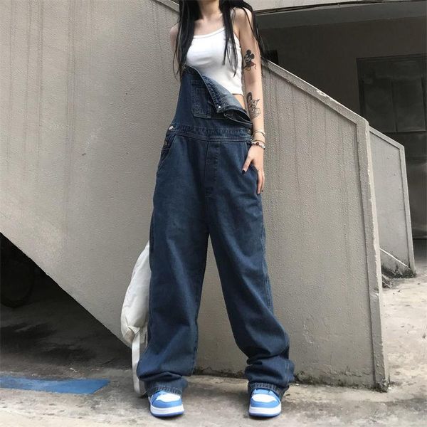 

women's jeans hybskr solid color harajuku loose women denim trousers casual wide leg female overalls fashion hip hop pants streetwear, Blue