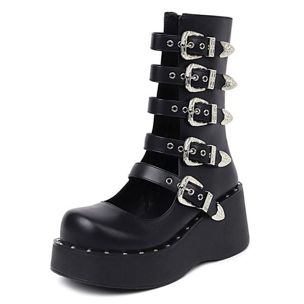 

boots spring & autumn women's shoes platform med heel round toe metal decoration fashion girls punk style big yards 40-43, Black