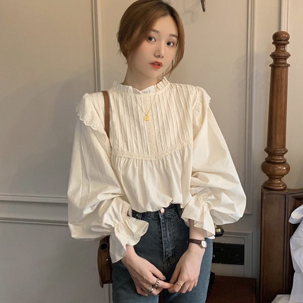 

2021 spring autumn female blouse plied neck support extension long shirt, White