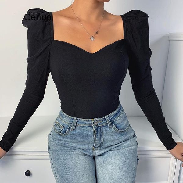 

women's blouses & shirts elegant square collar women autumn solid color puff sleeve slim v-neck long shirt, White