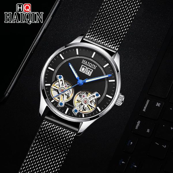 

wristwatches men's watch haiqin fashion automatic mechanical double tourbillon clock stainless steel waterproof sports men for wristwat, Slivery;brown