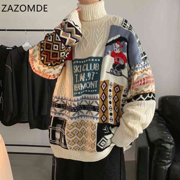 

zazomde 2021 winter men turtleneck christmas ski bear knitted casual sweaters male knitwear hip hop pullovers, White;black