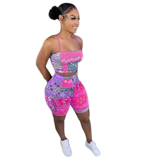

women's tracksuits printed two piece set summer clothes for women streetwear bodycon biker shorts 2 bandage half and crop top, Gray
