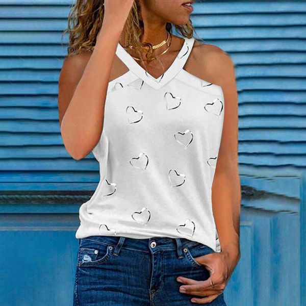 

women's t-shirt #l5 off shoulder t shirt women sleeveless halter neck love print v-neck causal loose summer female tshirt, White