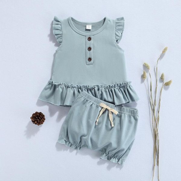 

clothing sets summer baby girls cute flying sleeve t-shirt+ruffle shorts elastic waist solid color casual toddler infant set, White