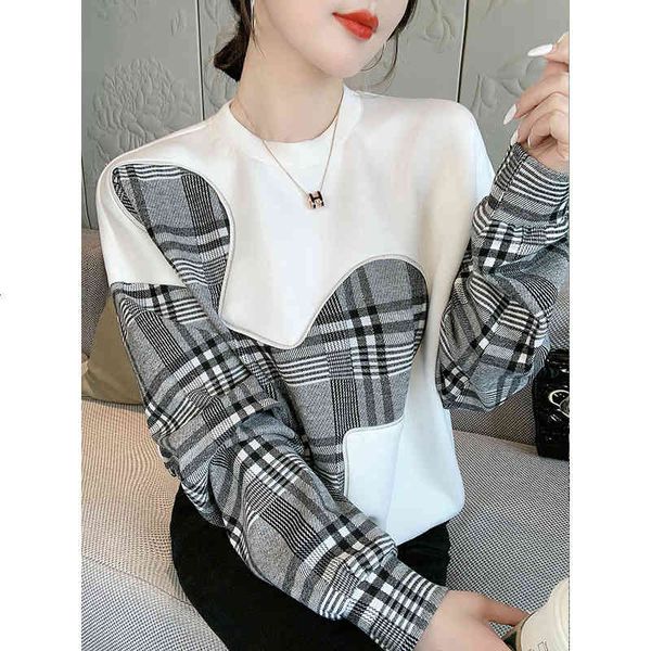 

hoodies shangweiluo white sweater women's autumn and winter versatile plaid splicing cartoon lazy long sleeve round neck top, Black